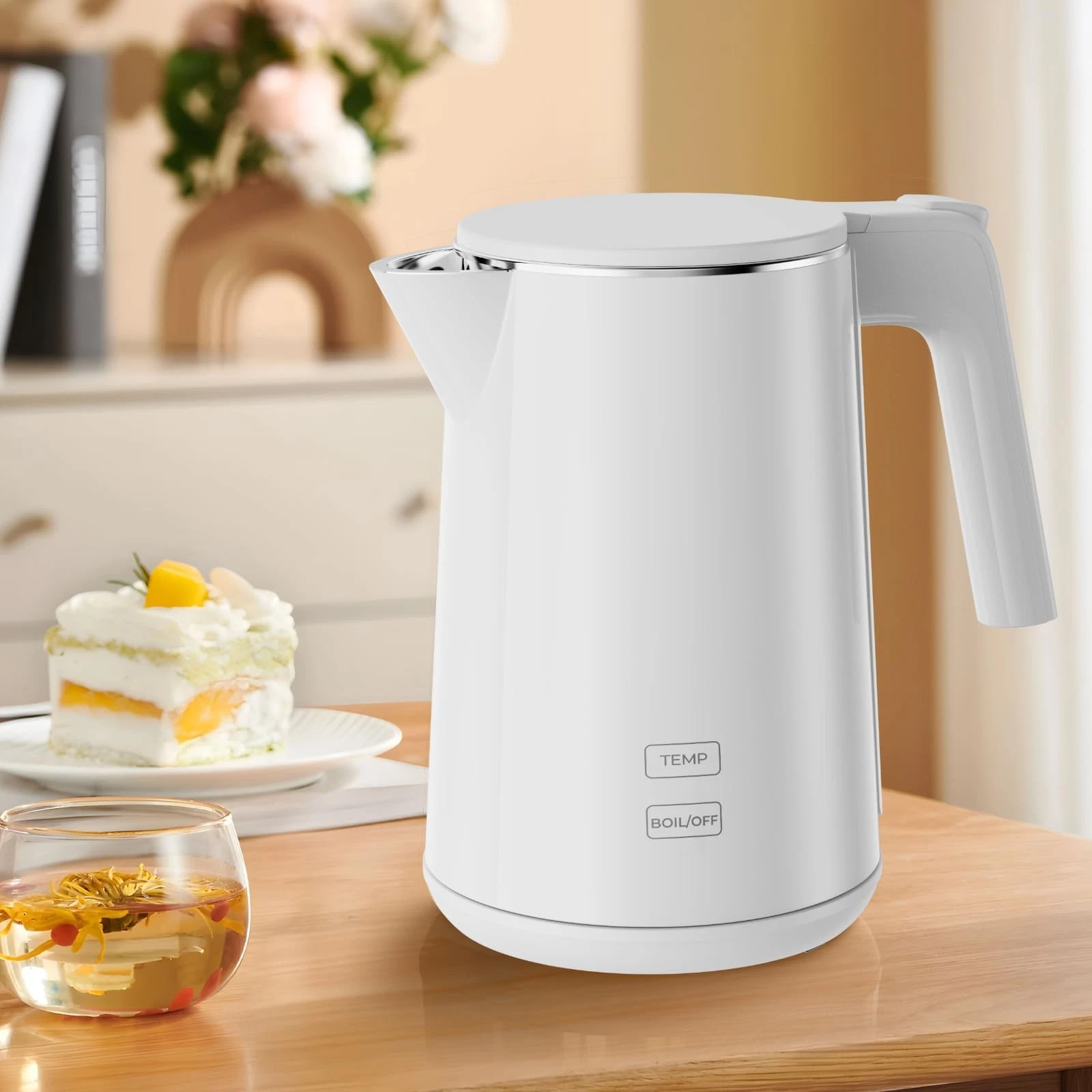 White 1.0L 1200W Electric Kettle 7 Temp FastBoil Stainless Steel Boiler