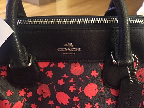 COACH Medium Satchel Bag With Floral Rose Print Leather Black/Red NWT - Photo 3/19
