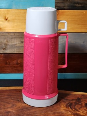 Vintage Pink Thermos with White Cup Narrow Neck Glass Lined Hot Cold 11.5  80's