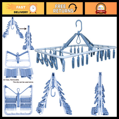 Foldable Clip Hangers with 32 Drying Clips - Wind-Proof Hooks for Underwear, Soc