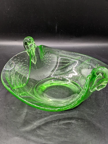 Vintage Uranium Depression Glass Double Headed Swan Bowl, Glows, Green