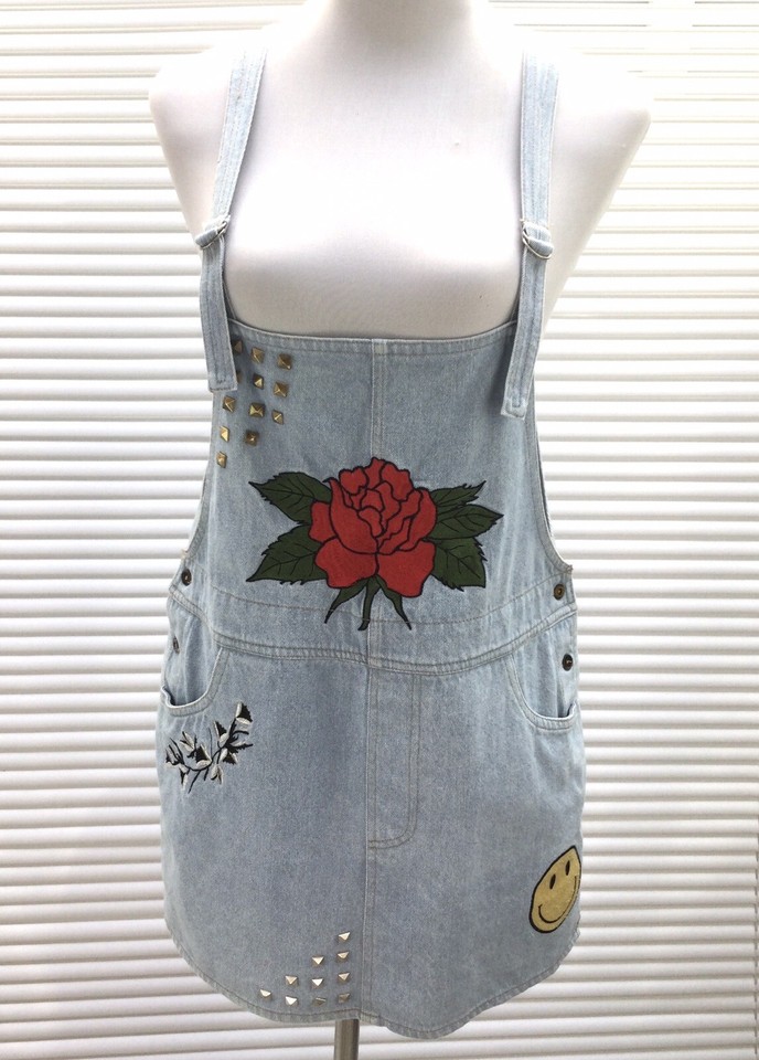 Stussy Tribe Denim Pinafore Mini Dress Women's 10 D-Ring Strap Pocket Embroidery