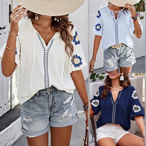 Womens Solid Half Sleeve V-Neck Button T-shirts Ladies Loose Blouses Tops Tees