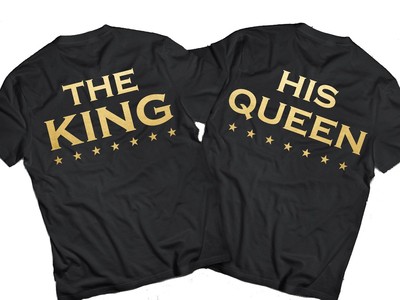The King His Queen schwarzes Herren Damen T-Shirt Gold Liebespaar Unisex neu mit Etikett #A