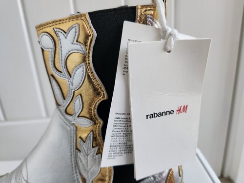 Paco Rabanne x H&M RARE Gold Silver Cowboy Boots UK5 EU38 Full Leather Brand New - Picture 10 of 15