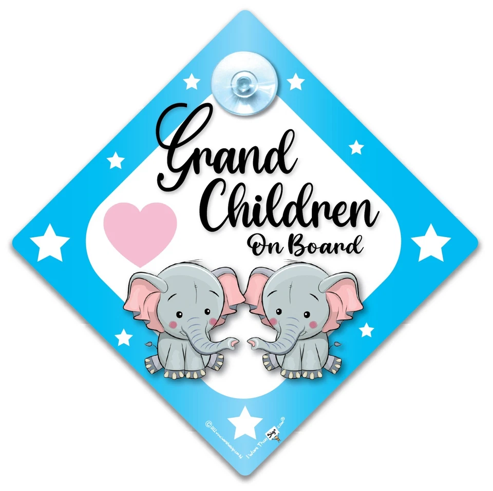 IWANTTHATSIGN.COM Grandchildren On Board Sign, Blue Elephant Baby on Board Sign, Baby Car Sign