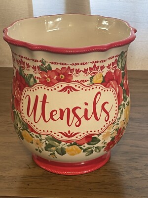 Pioneer Woman Vintage Floral Stoneware Utensil Holder Farmhouse Red Wide  Mouth
