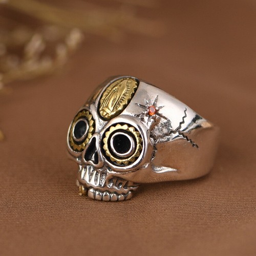 Gothic Sterling Silver Sugar Skull Ring Red Stone Accent Modern Calavera Ring - Picture 2 of 15
