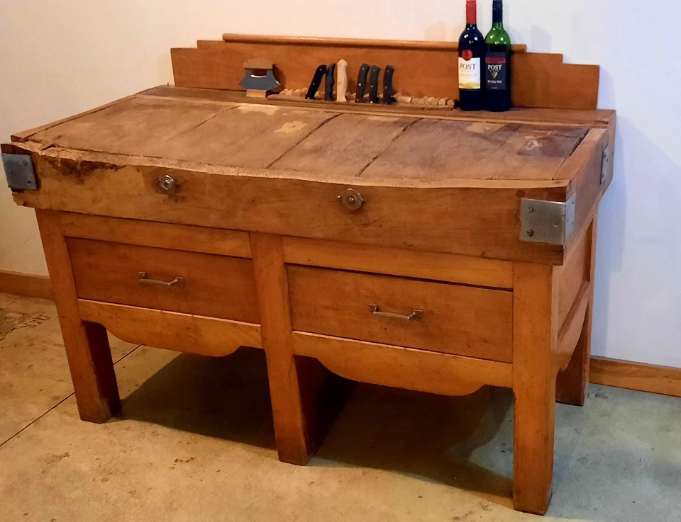 RARO Antiguo Carnicero Francés Bloque Isla Buffet Gabinete de Mesa Siglo XIX. XL Foto 3 de 4