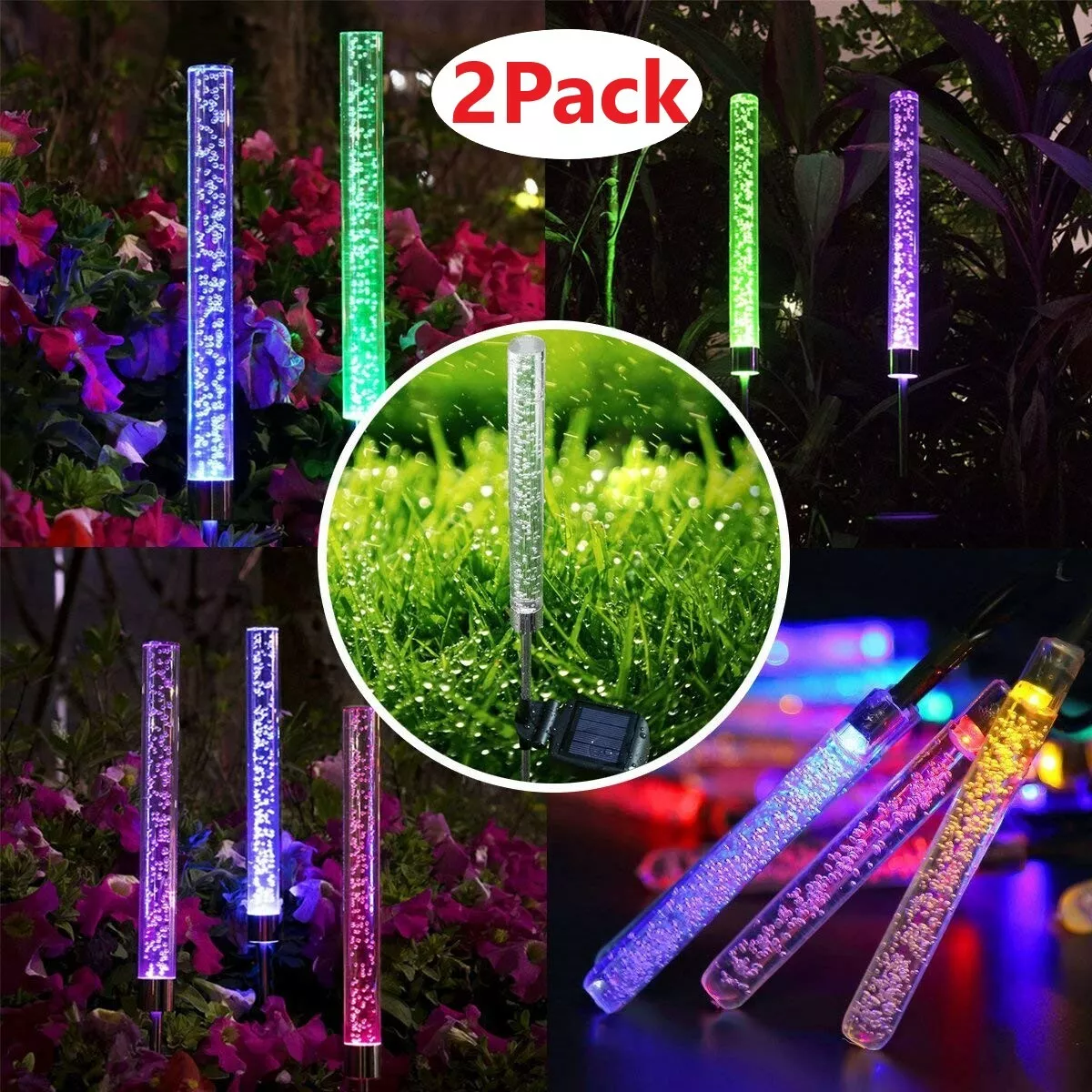 Outdoor Solar LED RGB Crystal Bubble Tube Lights Garden Decor Lamp Color Change