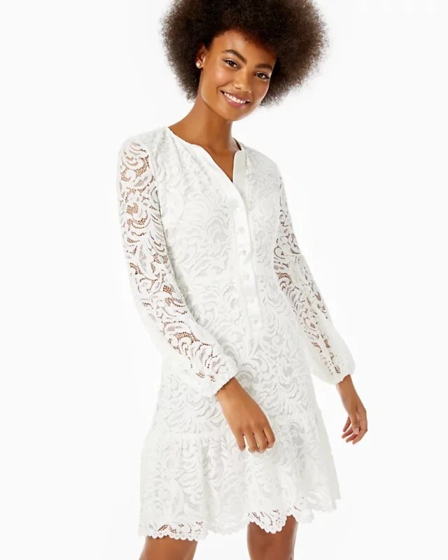 LILLY PULITZER CERISE FIT and FLARE RESORT WHITE LACE BUTTON UP