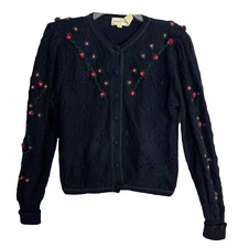VTG Eagles Eye Hand Knit Sweater Cardigan Women M Navy Floral Open Embroidered