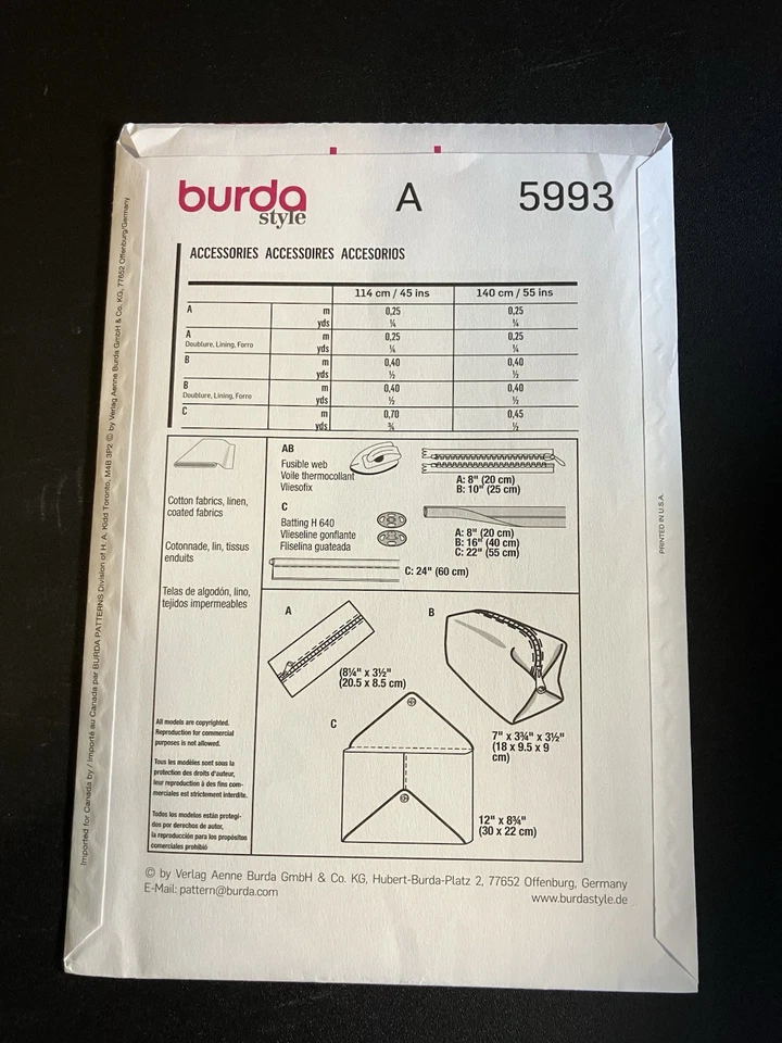Burda Pattern 5993 Purse Accessories One Size UNCUT FREE SHIPPING - Image 2 of 2