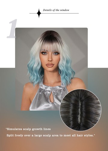 Parrucca Ondulata Corta Blu Ombre con Bangs Resistente al Calore Bob Capelli Sintetici per Donna - Foto 12 di 18