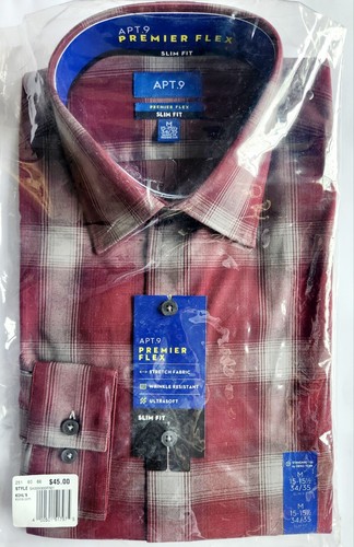 APT 9 HERREN PREMIER FLEX BARN ROT UND GRAU SLIM FIT ANZUGHEMD 15-15,5 34/35