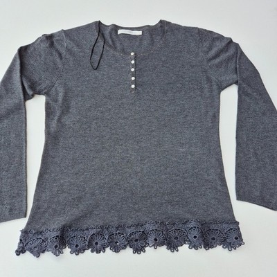 SO SWEET Henley-Pullover Damen grau Wollmischung Häkelsaum Oberteil XL P2P 48 cm