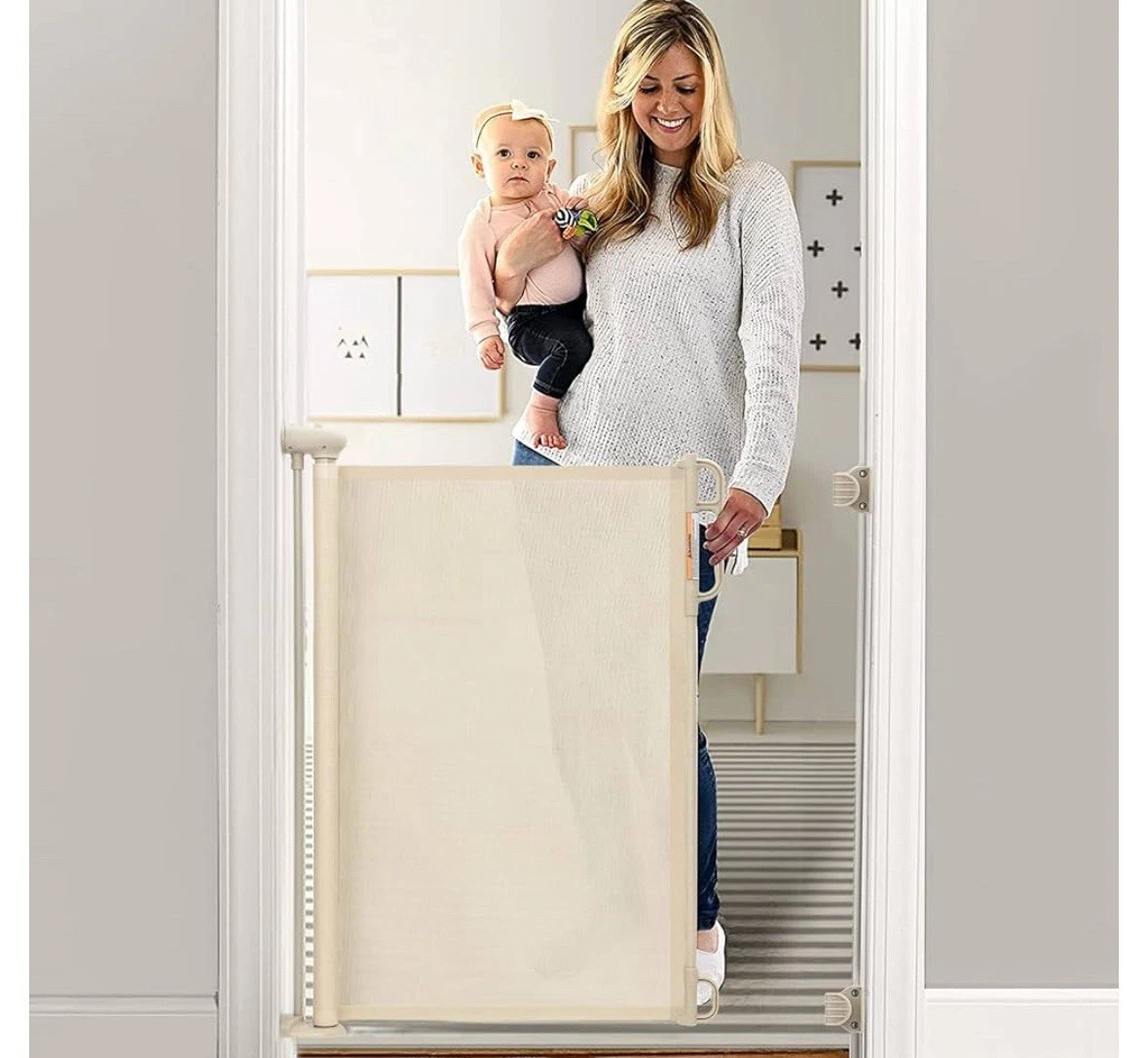 Retractable Baby Gate Momcozy Cream 33’ Tall Child Safety Stairs Doorways