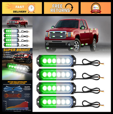HLauto 4-Piece LED Strobe Grille Warning Lights Green White 12V-24V