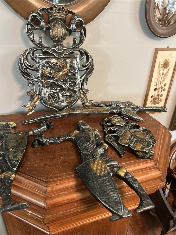 Vintage Medieval Hard Plastic MCM Coat Arms Dragons Shield With Swords Wall Art