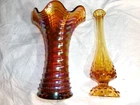 (2) Vintage Swung Vases. Fenton Amber Hobnail,  Marigold Carnival, Unknown Maker