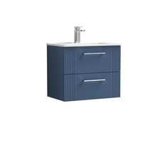Wall Hung 2 Drawers Bathroom Vanity Basin Unit, Minimalist 600mm, Satin Blue 