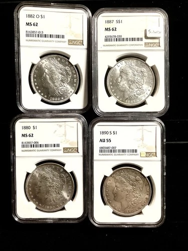 1880P, 1883O, 1987P NGC MS62 1890S AU55 MORGAN (Gold Label) BU & AU Beautiful.