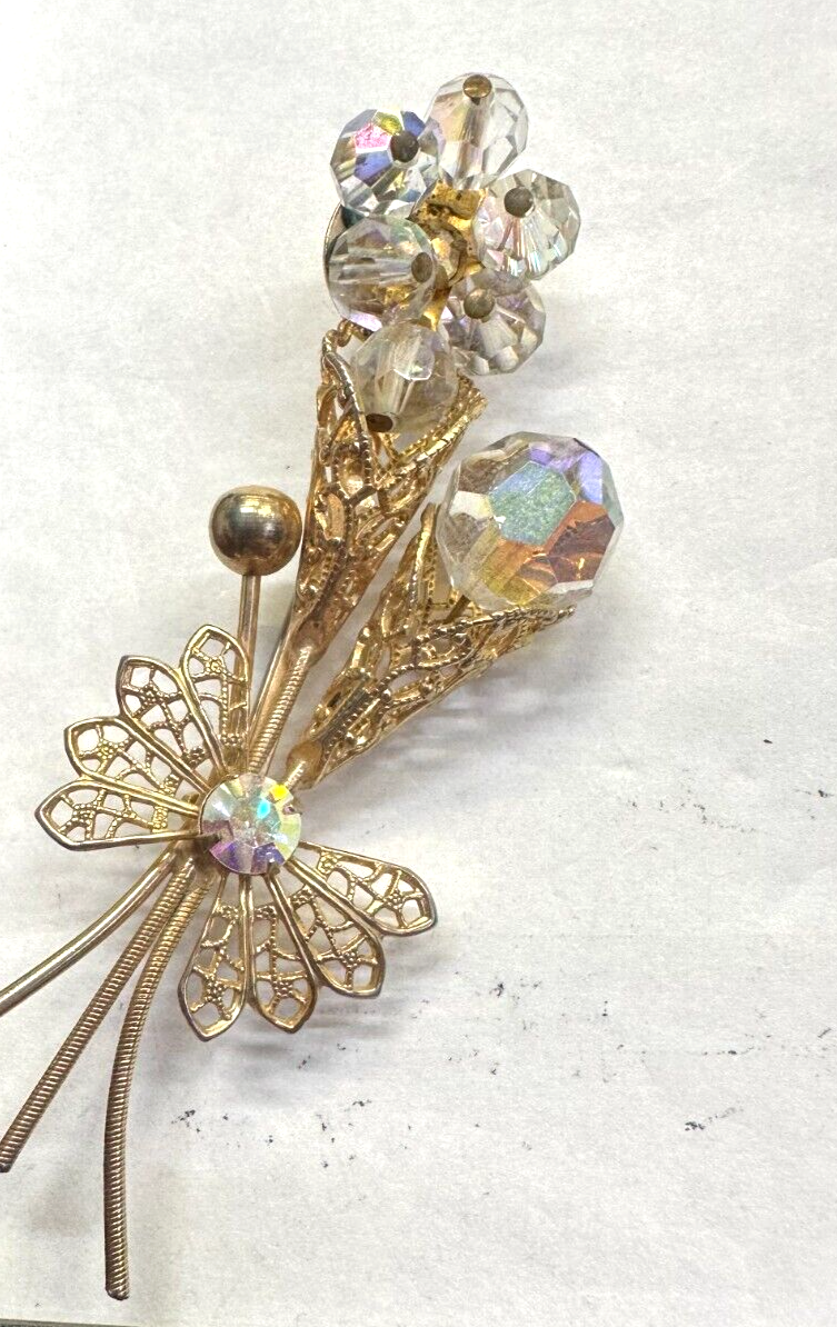 Flower Bouquet Aurora Rhinestone Vintage Pin Brooch Gold J-494 | eBay