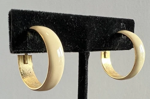 Vintage Cream & Gold Tone Clip On Hoop Earrings