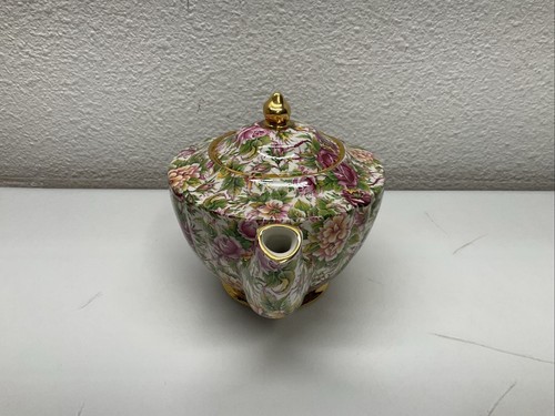 Vintage James Sadler Country Rose White Chintz Teapot Pink Flowers Gold Trim - Picture 2 of 10