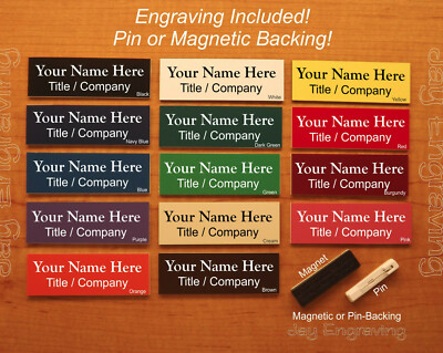 Custom Engraved 1''x3'' Name Tag ID Badge Label with Pin or Magnet Attachment
