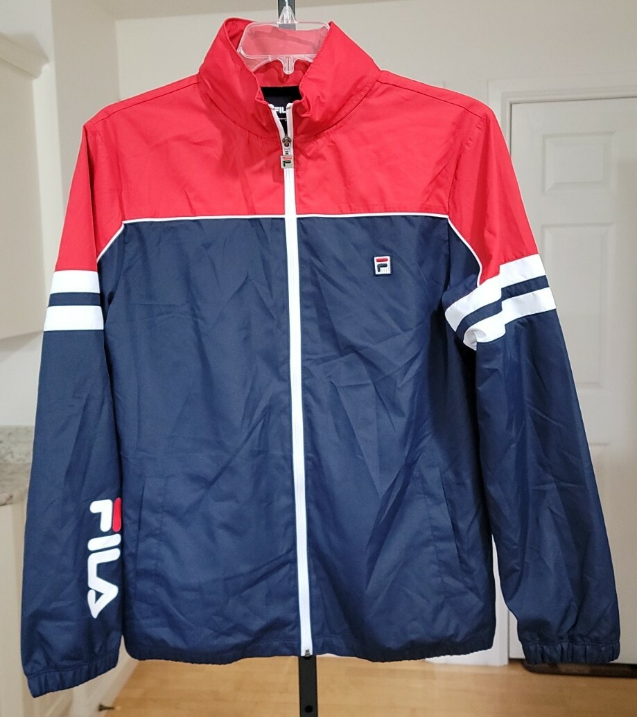 FILA GIACCA A VENTO ZIP ROSSO BIANCO BLU UOMO GIACCA CON CAPPUCCIO NASCOSTA TAGLIA M. NUOVA