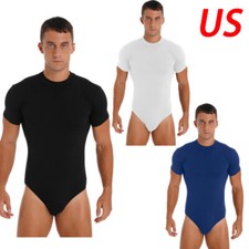 Men Shortsleeve Jumpsuit Bodysuit Button Crotch Slim fit Leotard Undershirt