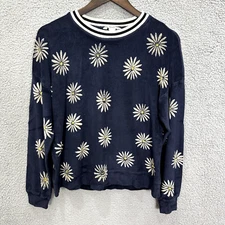 Splendid X Margherita Sweatshirt Womens Small Blue Velour Floral Daisy Oversized