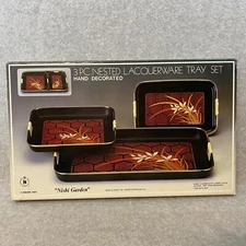 Vintage 1984 Himark 3-Piece Nishi Garden Nested Lacquerware Serving Tray Set