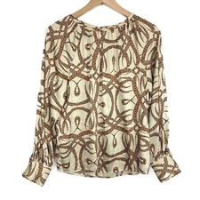 H&M Richard Allen Modern Abstract Printed Silky Blouse Top, Cream Tan - Size 4