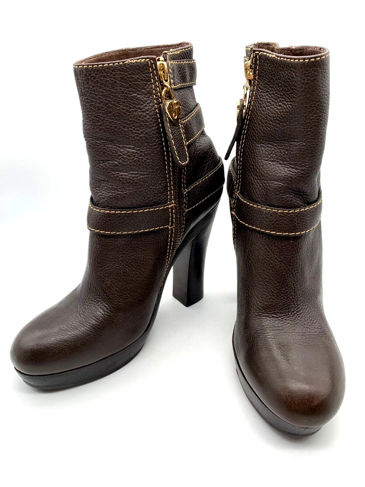 Botas Juicy Couture para mujer de cuero marrón con hebilla al tobillo cremallera plataforma tacón talla 9M Foto 2 de 4