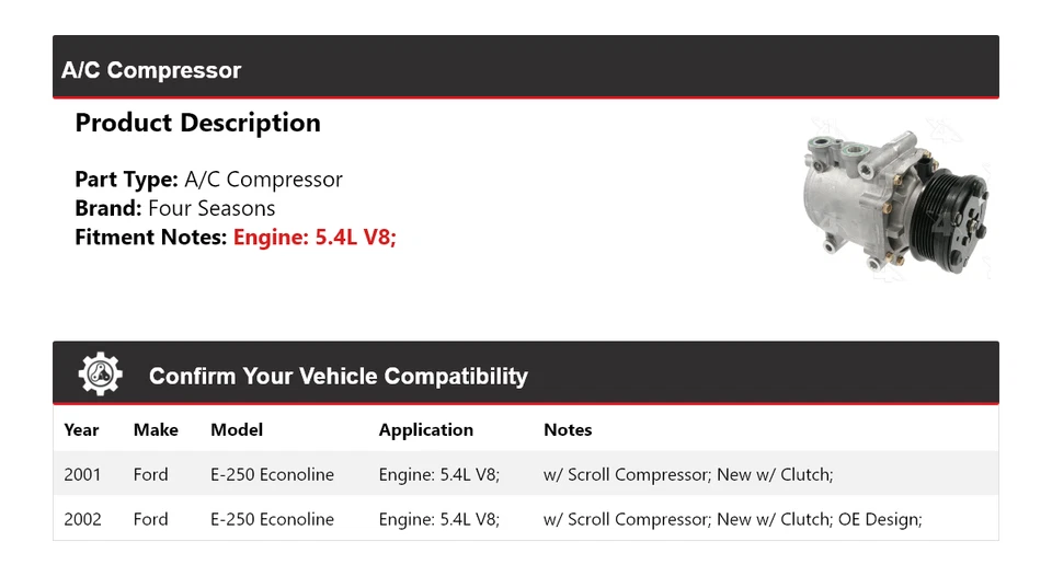 Compresor de aire acondicionado V8 5,4 L para Ford E-250 Econoline 2001-2002 4 estaciones Foto 2 de 4