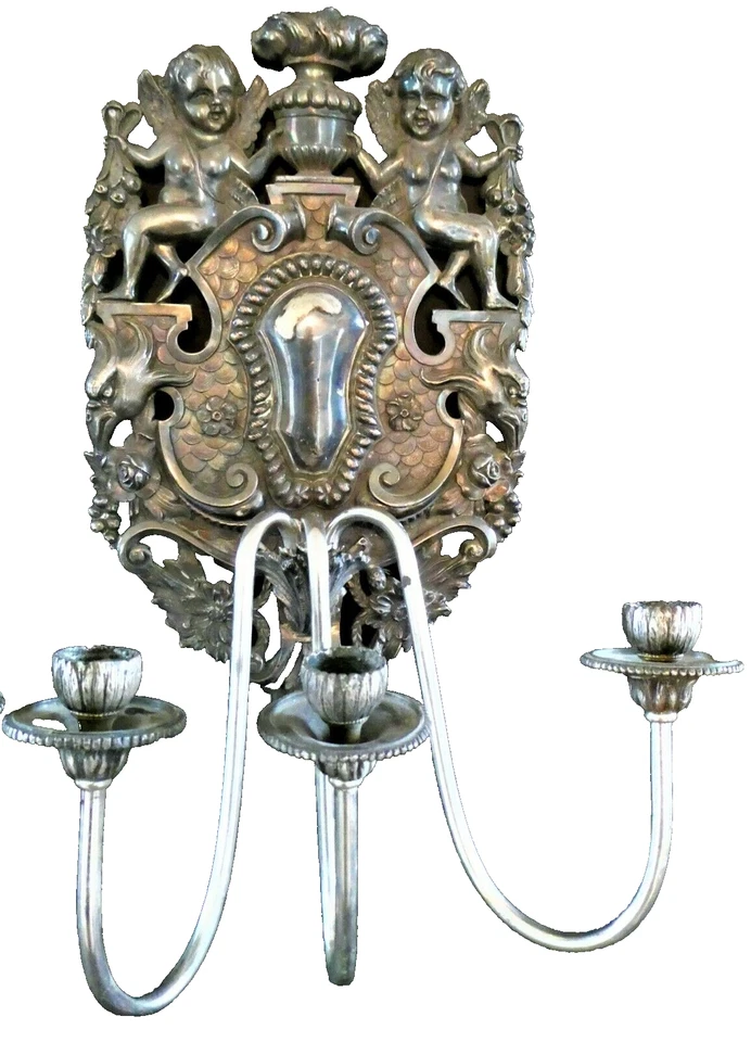 PAIR.... E F Caldwell & Co 3-Arm Wall Sconces Renaissance Revival Silver - Image 3 of 4