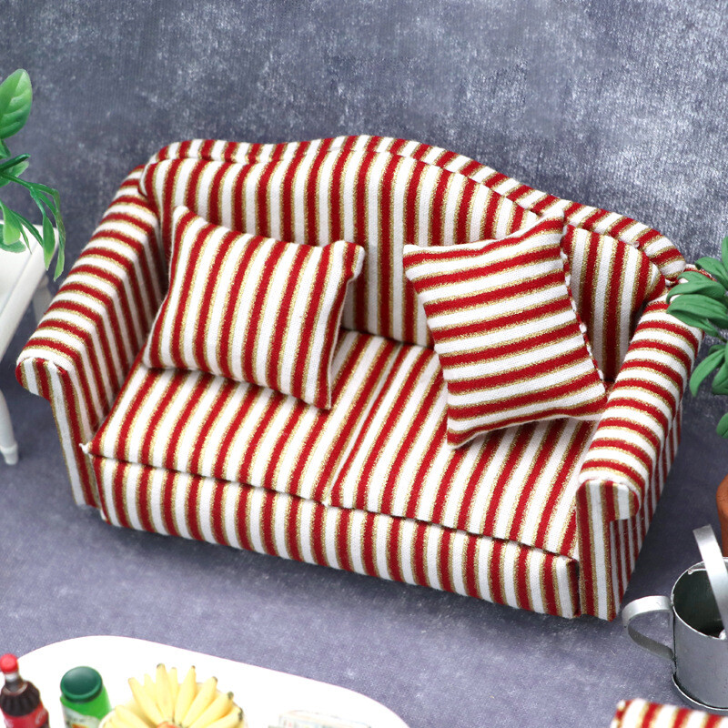 1:12 Dollhouse Furniture Gold Trimmed Red Stripe Sofa Piece Set with  Cushions