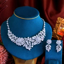 Top Silver Plated Cubic Zirconia Large Rose Flower Necklace Earrings Jewelry Set