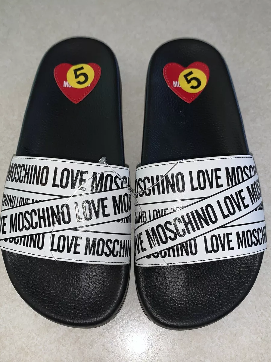 LOVE MOSCHINO Women s Slides Shoes Logo Heart Black White Sandals Size 5 New