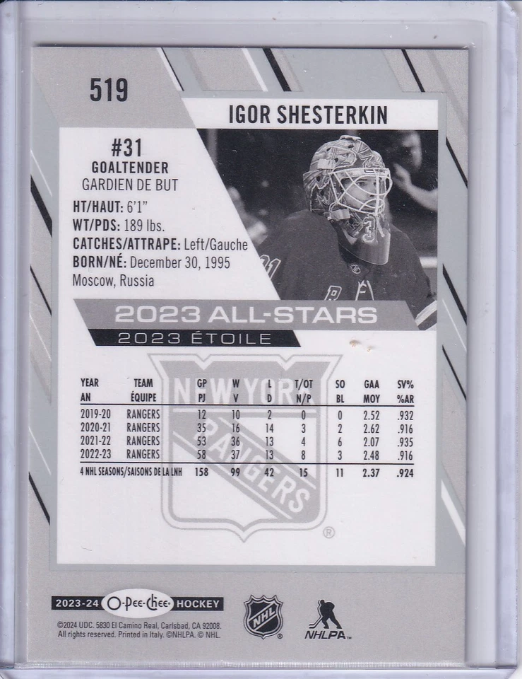 Igor Shesterkin, New York Rangers 2023-24 O Pee Chee 2023 All-Stars #519 - Image 2 of 2
