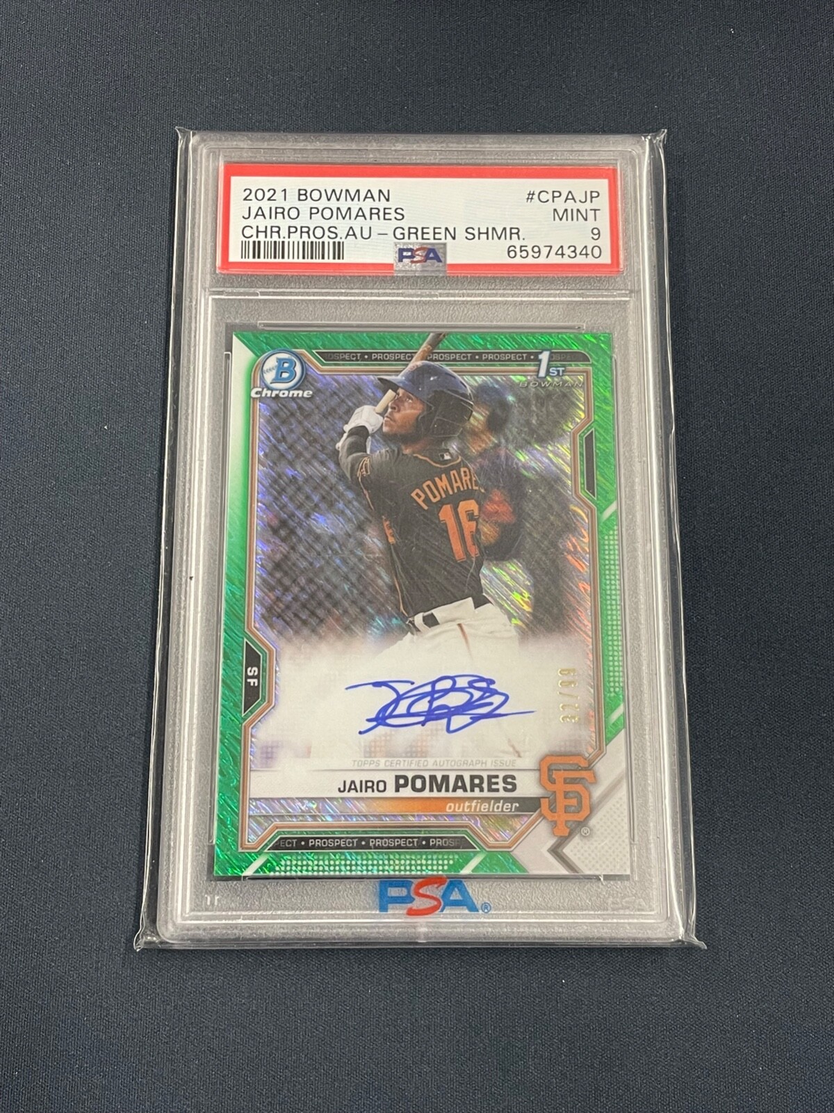 2021 Bowman Chrome Prospect Jairo Pomares Green Shimmer Refractor Auto /99 PSA 9