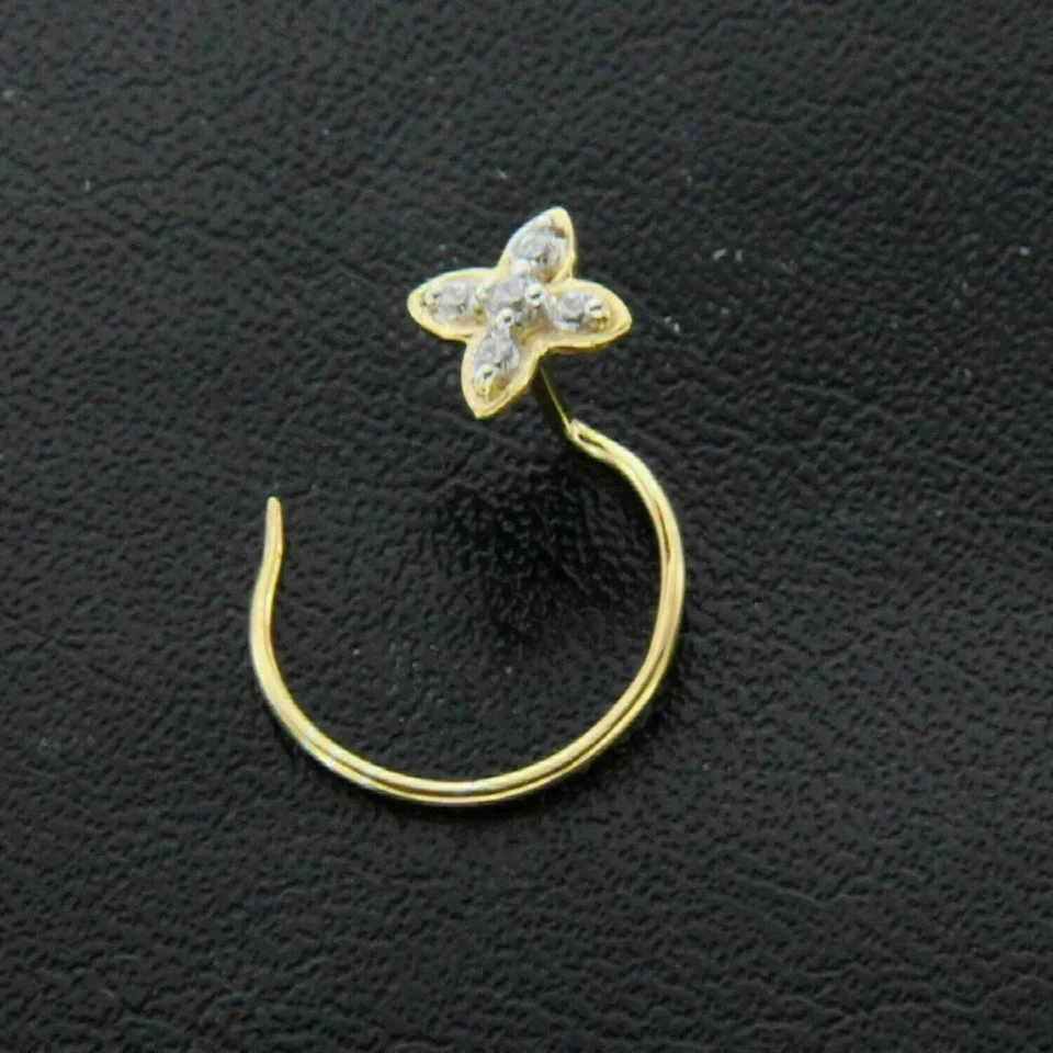 Anillo con pasador de nariz de diamante real de corte redondo enchapado en oro amarillo de 14 k Foto 2 de 4