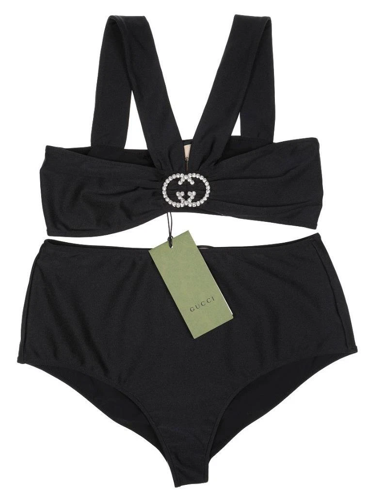 NEW GUCCI LUXURY CRYSTAL GG BROOCH BIKINI SWIM SUIT SWIMWEAR SET S