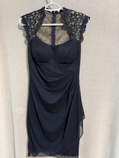 Xscape 6 Navy Lace Ruched Sheath Scoop Neck Cap Sleeve Knee Length Dress