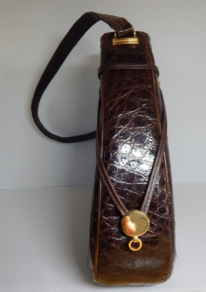 Genuine Chocolate Colored Crocodile Skin Bucket Bag Purse 10.5" tall x 12" wide - Image 4 of 4