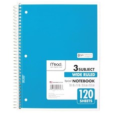 Mead Spiral Notebook, 3 Subject, Wide Ruled Paper, 120 Sheets, 10-1/2 x 7-1/2