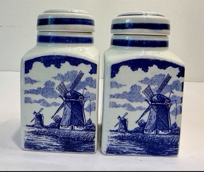 Pair Vintage Delft Blauw Handpainted Square Canisters Sailboat Windmill