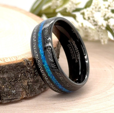 Christmas Gift Ring Blue Opal & Silver Meteorite Fashion Band 8mm Black Tungsten